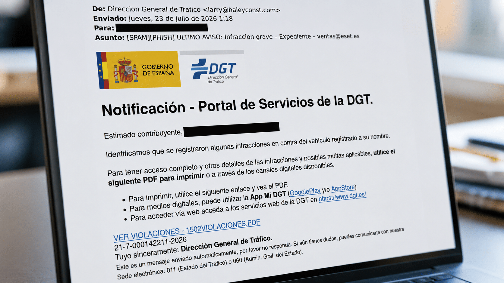 El troyano bancario Mispadu reaparece en España con una campaña que suplanta a la DGT para robar credenciales bancarias